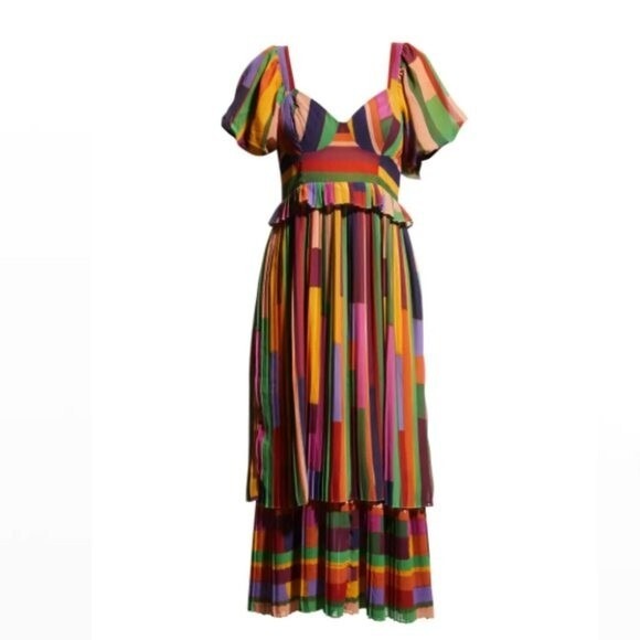 FARM Rio Dresses & Skirts - Farm Rio‎ Painted Stripes Blouson-Sleeve Pleated Dress - Size Small
